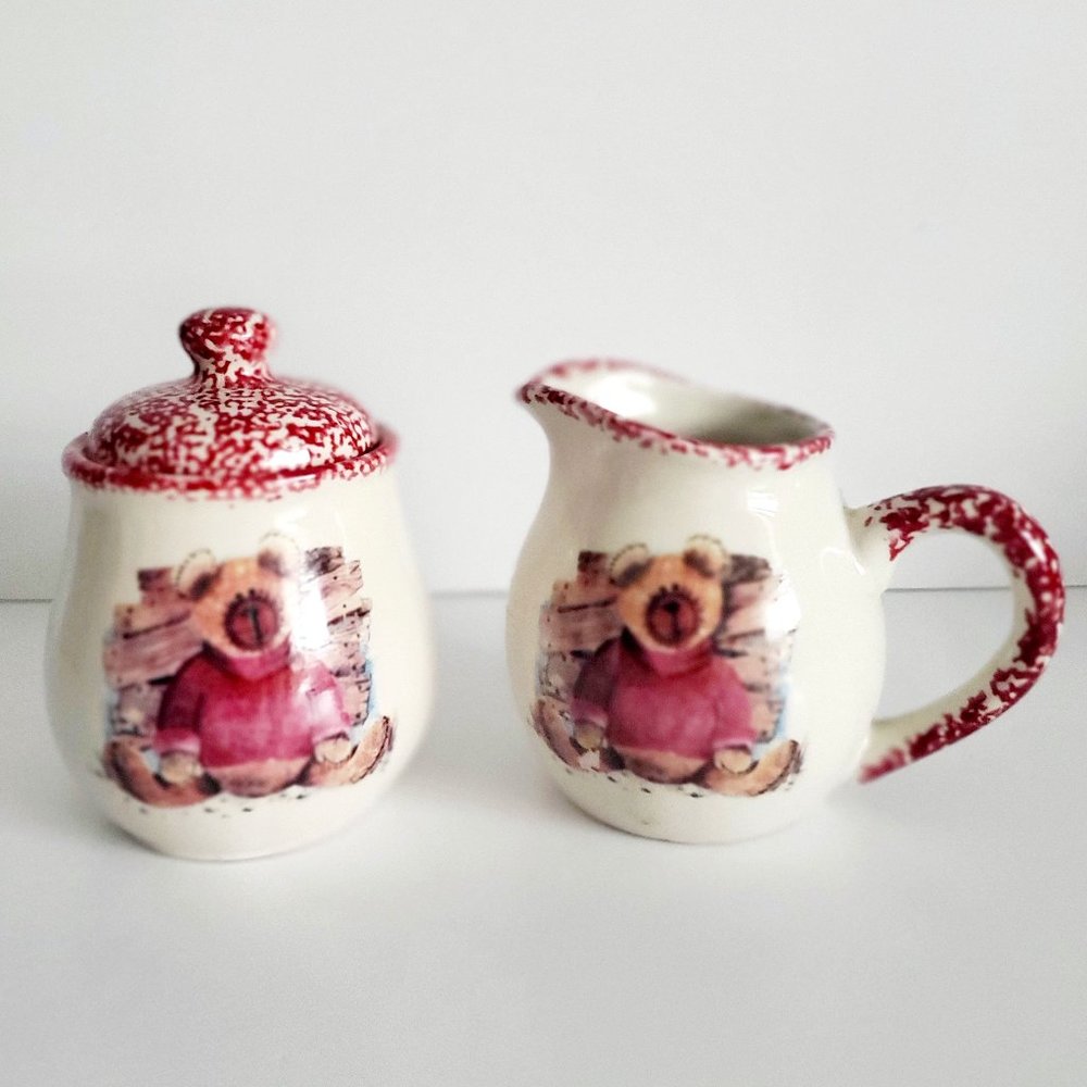 Spongeware STONEWARE Pottery Sugar & Cream Milk Server Set Teddy Bear